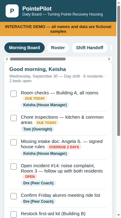 The PointePilot Daily Board on a phone (demo data)
