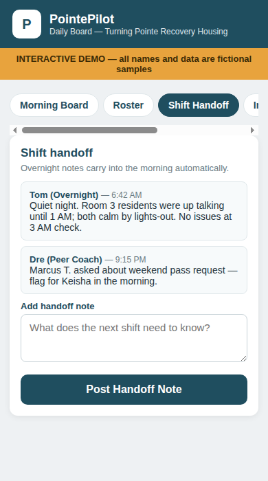PointePilot Daily Board — Shift Handoff tab (demo data)