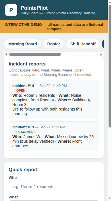 PointePilot Daily Board — Incidents tab (demo data)