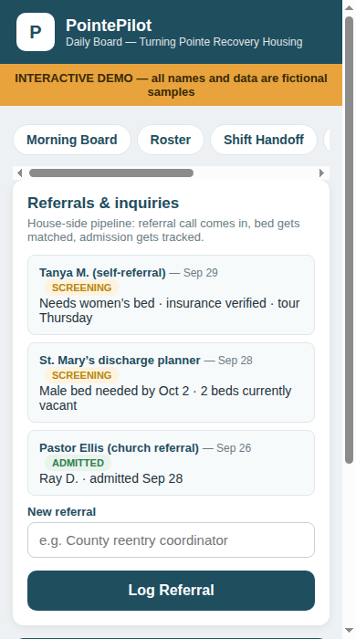 PointePilot Daily Board — Referrals tab (demo data)