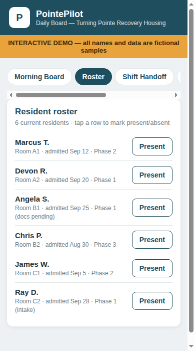 PointePilot Daily Board — Roster tab (demo data)